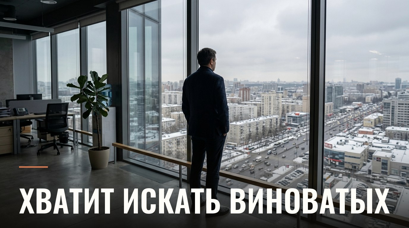 Мужчина смотрит в окно офиса на город